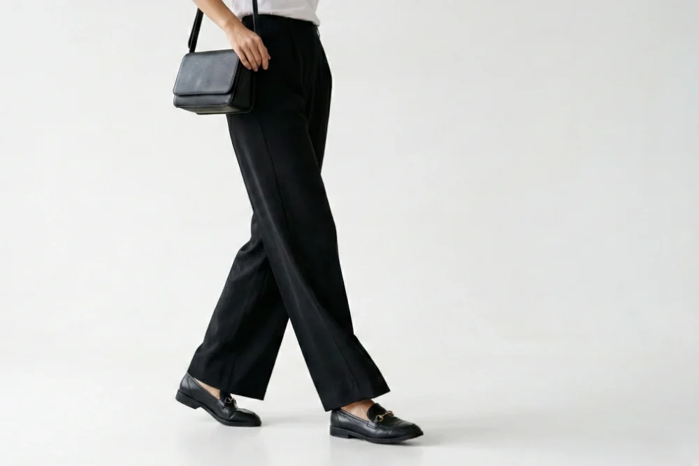 Exemple de quelles chaussures avec un pantalon large : mocassins noirs et pantalon noir.