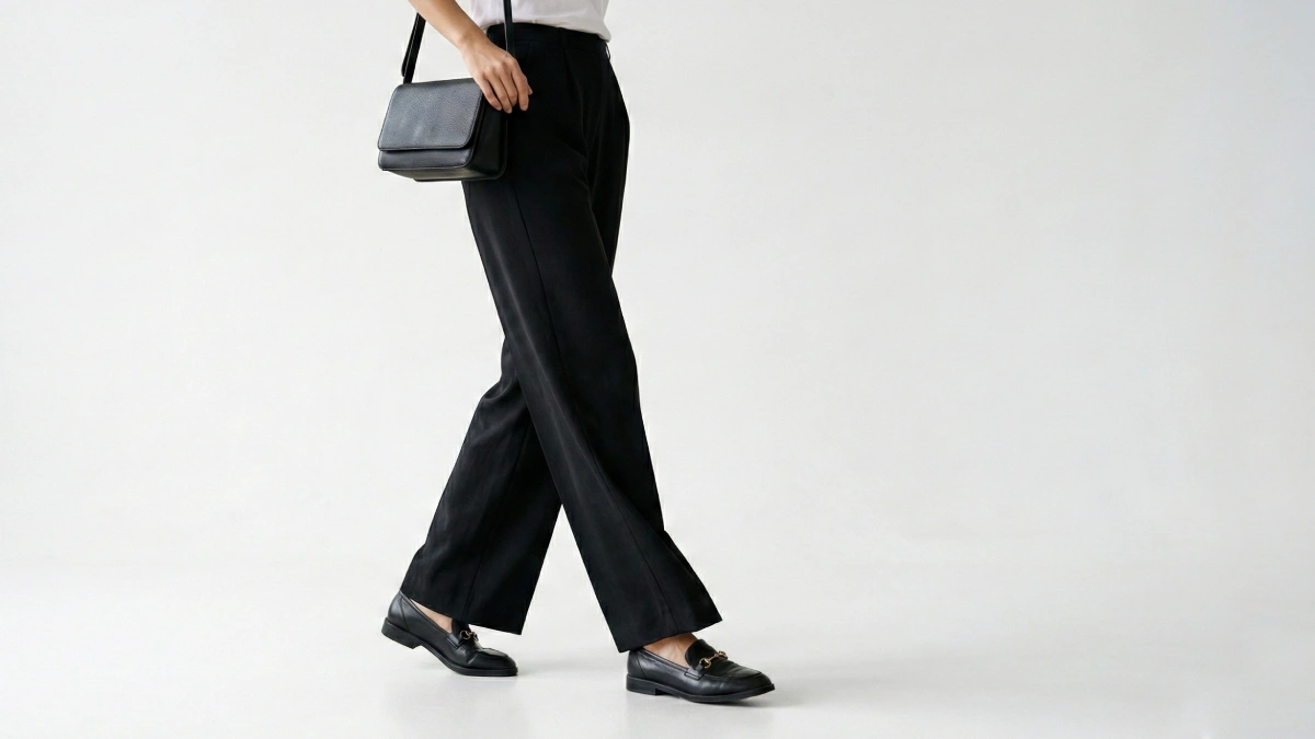 Exemple de quelles chaussures avec un pantalon large : mocassins noirs et pantalon noir.