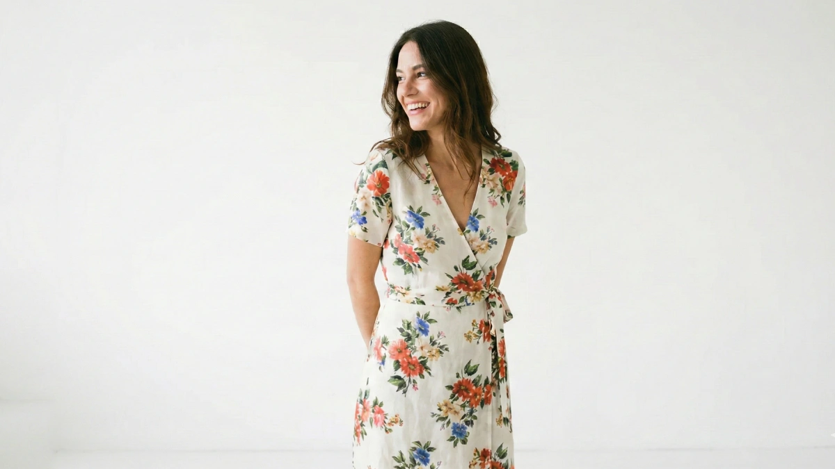 femme en robe portefeuille motif fleur