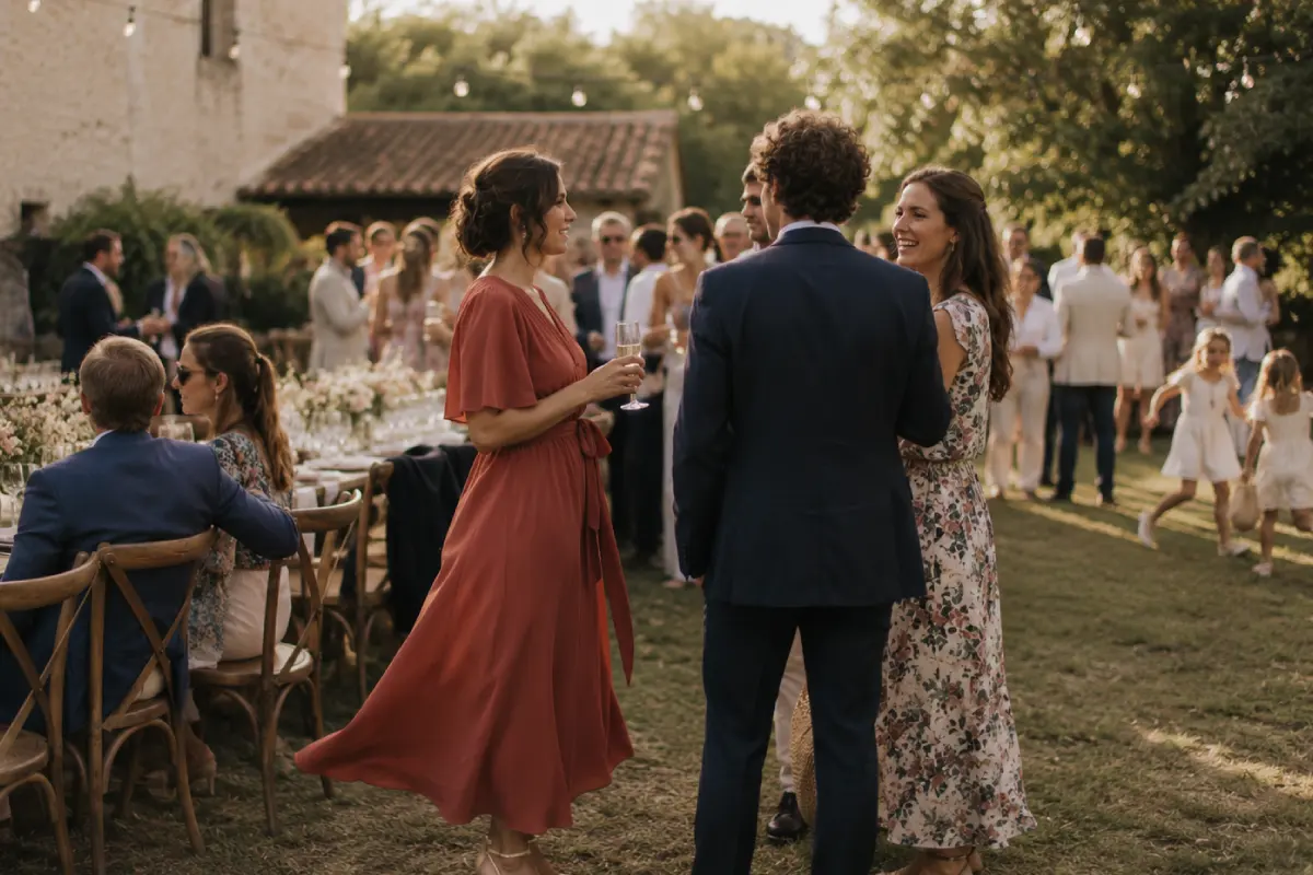 Mariage champêtre, invitée élégante en robe terracotta