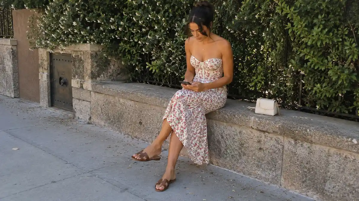 robe bustier fleuri et sandales plates